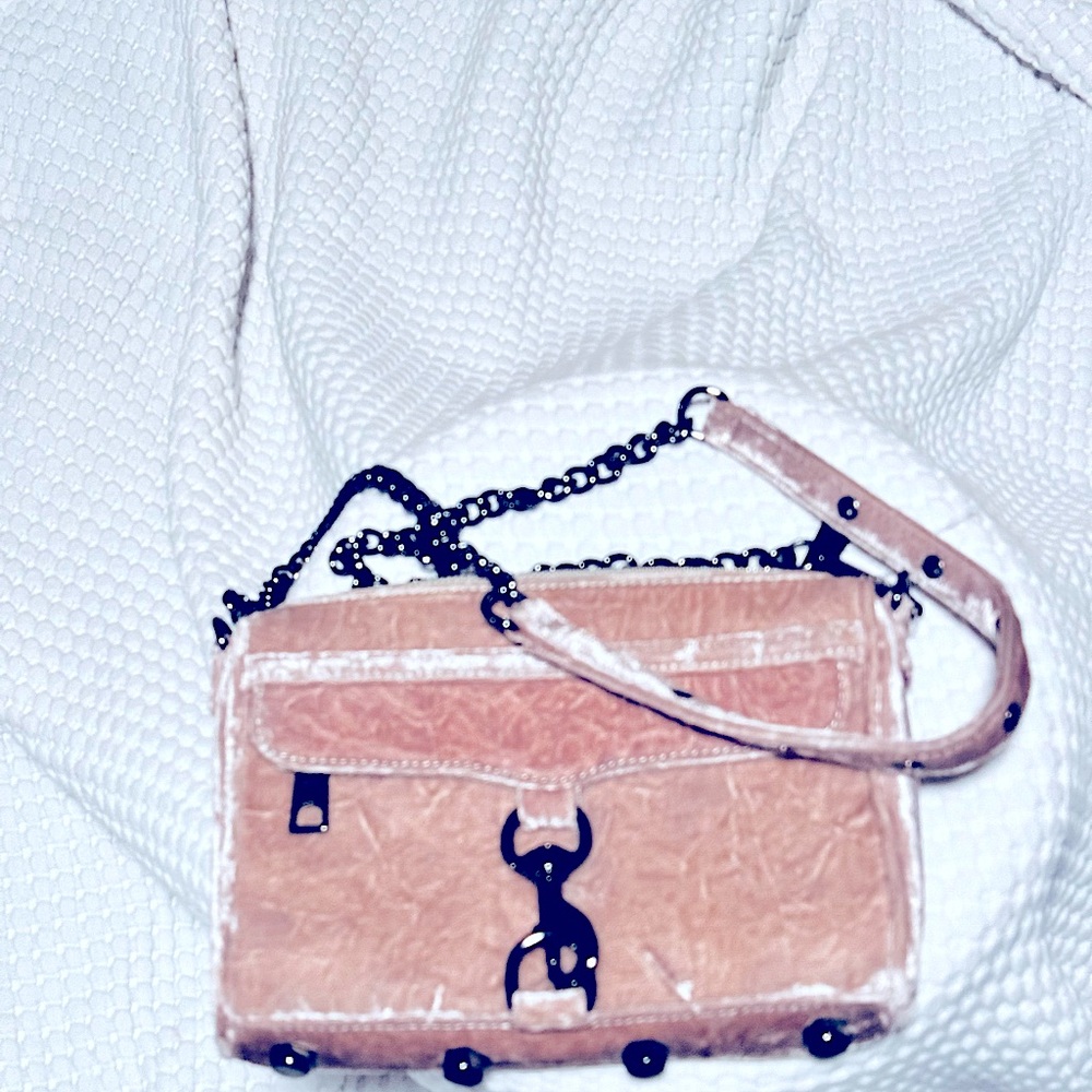 New Rebecca Minkoff Crossbody, beige, crushed velvet, dark hardware zippered top